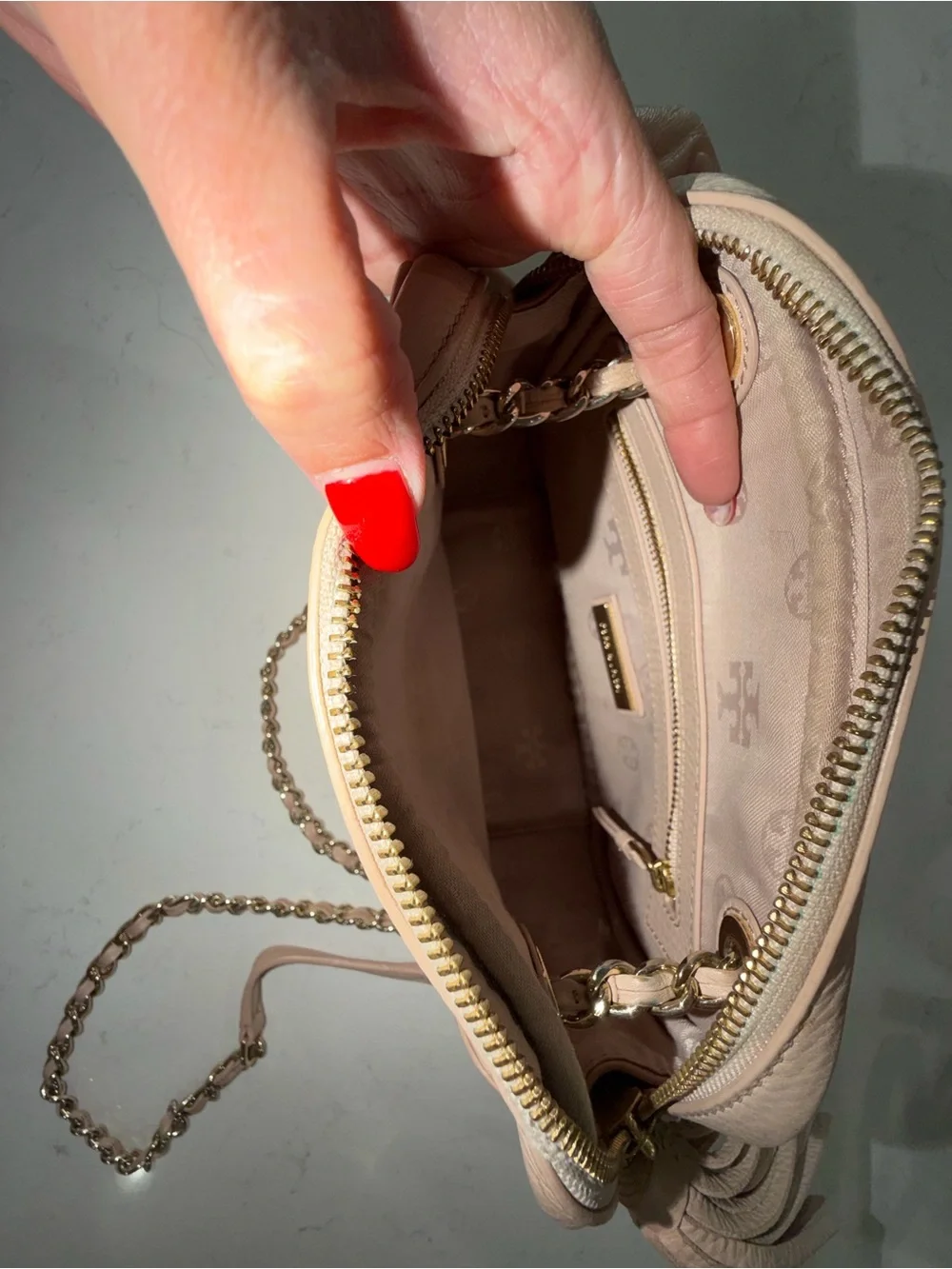 Tory Burch Blush Pebble Leather Chain Crossbody with Tassel